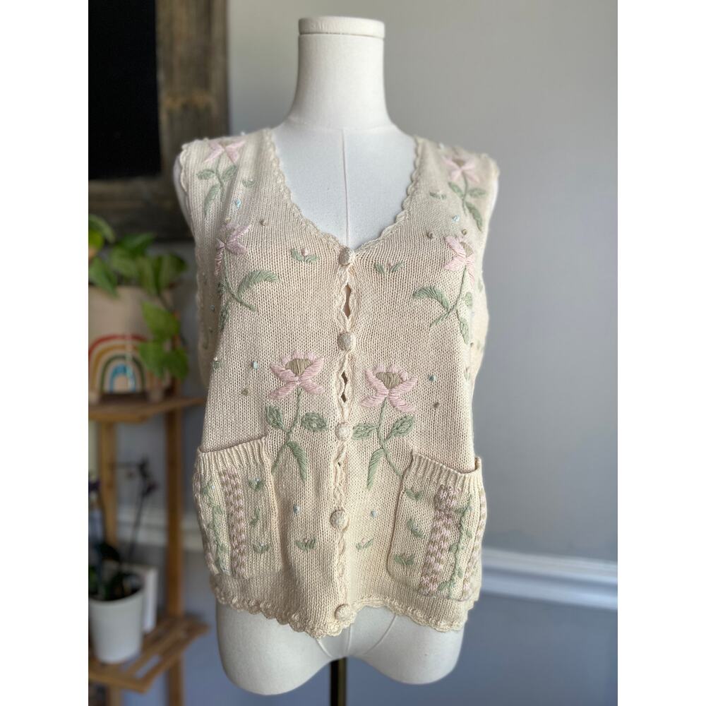 Vintage 90s Floral Sweater Vest Pastel Pink Green Cottagecore Size Small
